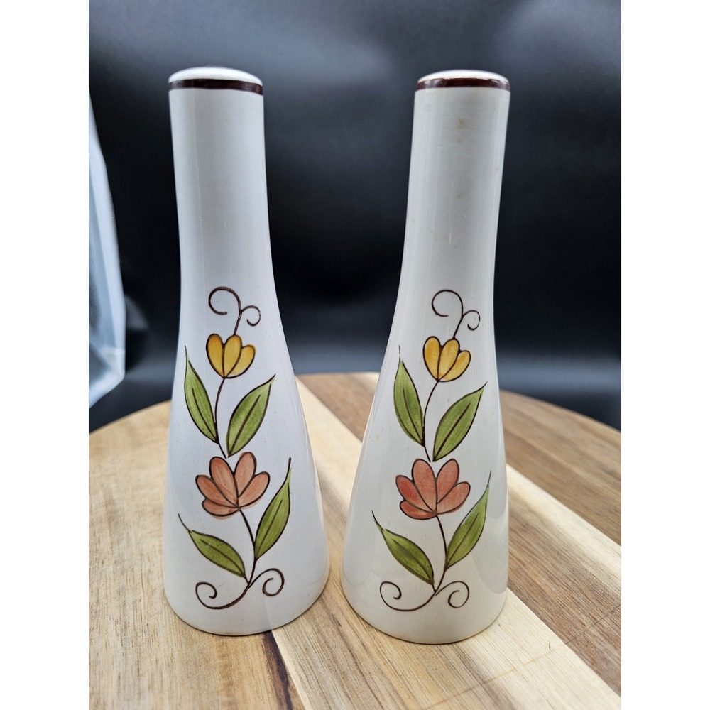 Vintage MCM‎ Mikasa Cera-Stone Salt & Pepper Shaker Set 6"  White Flower